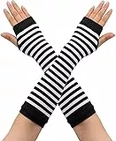 Andiker Fingerlose Handschuhe mit langem Arm für Damen, Dehnbare Gestreifte Gestrickte Armwärmer Daumenloch Handschuhe (Schwarz und weiß)