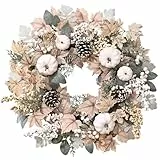Alishomtll Herbstkranz Deko für Haustür Wand Tisch Fenster, 50 cm Herbst Dekoration mit Künstliche Kürbis Ahorn Beere Tannenzapfen, Türkränze für Halloween Erntedankfest Kürbisfest Dekoration (White)