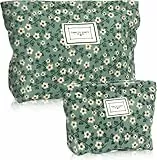 Damen Kosmetiktasche Set, Kulturbeutel Klein & Groß aus Cord - Multifunktionaler Make-up Organizer, Waschtasche für Reisen, Schminktasche für Frauen & Mädchen - Dunkelgrün