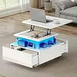 DWVO Couchtisch mit LED, höhenverstellbar, modern weiß hochglänzend, mit Stauraum & Schubladen für Wohnzimmer, 60x60x45-58 cm