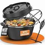 AMZBBQ® Premium Dutch Oven – Doppelt Eingebrannter Gusseisen Feuertopf – Rostbeständiger Schmortopf für Grill, Backofen & Outdoor – inkl. Deckelheber & Untersetzer – 9 Liter & Ohne Füße
