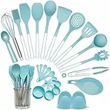 Silikon Küche Kochutensilien Set, 26-teiliges Hitzebeständig Kochutensilien mit Utensilienhalter, Antihaftbeschichtet BPA-frei Spülmaschinenfest, Wender Zange Schneebesen Kelle Löffel (Grün)