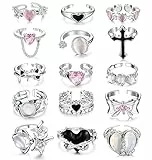 Kakonia 15 Stück Y2k Ringe für Frauen Teenager Mädchen Unregelmäßig Einstellbar Offener Ring Vintage Punk Grunge Gothic Goth Mondstein Stern Dorn Herz Kreuz Knospe Bogen Ring Set