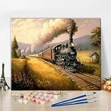 TISHIRON DIY Malen nach Zahlen Kit - Vintage Lokomotive fährt durch malerisches Dorf Landschaft Malen nach Zahlen für Erwachsene, 40x50 cm