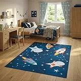 TAPISO Snooki Kinderteppich Spielteppich Kinderzimmer Jungen Raketen Planeten Weltall Kinder Teppich Blau Weltraum rutschfest Pflegeleicht Kurzflor weich Oeko-TEX 200 x 300 cm