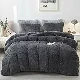 Sacebeleu Plüsch Bettwäsche Set 135x200cm Biber Warme Winter Flauschig Flanell Mädchen Dunkelgrau Grau Bettbezug mit Reißverschluss und 1 Kissenbezug 80x80cm