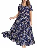 YESNO Damen Kleider Freizeit Lose Sommerkleid Lang Boho Maxikleid für Rundhals Strandkleid Blumenkleid L EJFDE CR30