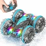 MidiVix Amphibienfahrzeug Ferngesteuertes Auto, 90 Min Spielzeit, 2.4GHz Double-Sided Stunt RC Auto Car mit LED Licht, 4WD 360° Drehung, Pool & Outdoor Spielzeug Geschenke für Kinder 6-12 Blaugrau