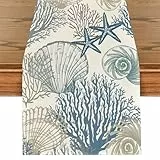 Tarklanda Sommer Ozean Tischläufer Koralle Seestern Muscheln Tropisch Tischläufer Sommer Saisonnal Waschbar Küche Esstisch Dekoration für Drinnen und Draußen Urlaub Party Wohnzimmer Dekor 40x140cm