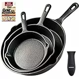 OVERMONT Grillpfanne Gusseisen mit Griff - Gusseisenpfanne 3 Stücke Set - Voreingebrannte Steakpfannen Bratpfanne - Cast Iron Pan für Gasgrill Backofen Kohlegrill