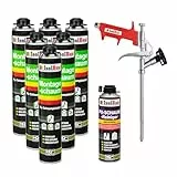 Isolbau Bauschaum-Set - Inkl. 6 x 1K Montageschaum B2 Pistolenschaum mit hervorragender Schall und Wärmedämmung (je 750 ml), 1 x PU-Schaum-Reiniger (500 ml) & 1 x Schaumpistole, Dämmen