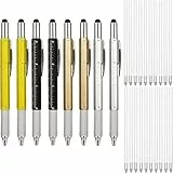 KEWAYO Multifunktionsstift 8 pack, 6 IN 1 Multifunktions Kugelschreiber mit Lineal, Wasserwaage, Stylus, Schraubendreher, Minen, kreative Geschenke für Männer (gelb, schwarz, gold, silber) (8)