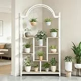 Pflanzenständer im Bogendesign – Blumenregal 5-stöckig aus Holz & Metall, mit Pflanzenhaken für Lichterketten, Standregal als Raumteiler & Vitrine für Wohnzimmer Balkon Garten, 100x30x190 cm Weiß