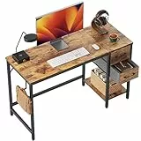 CubiCubi Schreibtisch mit 2 Schubladen und Kopfhörerhaken, 100×50×75cm Kleiner Computertisch, Bürotisch, für Arbeitszimmer, Schlafzimmer, Metallgestell, Vintagebraun