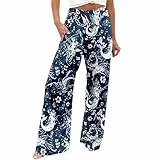Leinenhose Damen Lang Boho Hosen Damen Elegante Blumen Druck Freizeithose Hohe Taille Palazzo Hosen mit Tunnelzug und Taschen Leicht Luftig Strandhose Böhmischer Stil Yogahose