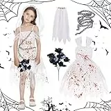 Shinybox Horror Braut Kostüm Kinder, Zombie Braut Kostüm Mädchen mit Schwarz-weiße Rose, Kopftuch, Kettenschloss, Geisterbraut Kinder für Karneval Cosplay(XL)