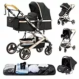 YAZOCO kinderwagen 3 in 1 Buggy Babybett Komplett Set Einem Klick Zusammenklappbarer Kinderwagen, KombiKinderwagen Aluminiumrahmen für Neugeborene Sitzzubehör (2 schwarz)