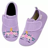 Kyopp Hausschuhe Kinder Barfussschuhe Klettverschluss für Jungen Mädchen Atmungsaktive Breite Pantoffeln Rutschfest Kindergarten Slippers(Einhorn Lila, 26/27EU)