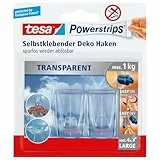 tesa Klebehaken für transparente Oberflächen und Glas (1 kg) - Durchsichtige, selbstklebende Haken - Bis zu 1 kg Halteleistung pro Haken