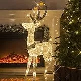 DELICHTER LED Rentier Metall Gold Weiß Eisen Rahmen Beleuchtet Weihnachtshirsch warm weiß Weihnachten Deko für Innen Außen（1.2M）