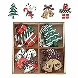 Valery Madelyn 24 Stück 6cm Weihnachtsbaumschmuck, hängende Weihnachtsdeko aus Holz, Baum Geschenke Stöcke und Glockenbehänge Weihnachtsanhänger Rot Grün Weiß Thema