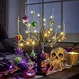 Valery Madelyn 40cm Halloween Deko Künstlichen Baum mit 12 Kugeln, schwarz Baum Deko mit LED Lichtern, Halloween Deko für Tisch Fenster