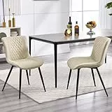 BERYTH Esszimmerstühle 2er Set Küchenstuhl mit Hoher Rückenlehne Polsterstühle mit 5 cm Sitzkissen PU Leder Dining Chair Moderne Sessel und Metallbeine Beige