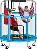 ZCMHAXJ Ø140 cm Trampolin Kinder mit Sicherheitsnetz – 200 kg Tragkraft, Trampolin Indoor/Outdoor – Mit höhenverstellbarer Turnstange & 5 Spielzeugen