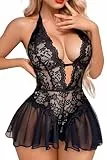 ADSEXY Sexy Body Dessous Damen Sexy Spitze Unterwäsche Teddy Bodysuit Tiefer V-Ausschnitt Reizwäsche One Piece Erotische Lingerie Negligee Damen Babydoll Body with Skirt