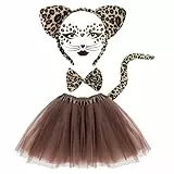 EUPSIIU 5 Stück Leopard Kostüm Set Tierkostüm Kinder inklusive Tutu Rock Leopard Ohren Stirnband, Schwanz, Fliege Leopard Gesicht Kunst Aufkleber, für Halloween Geburtstag Kostüm Party (Braun)