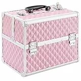 Arebos Kosmetikkoffer | 15L | 5 Fächer | Aluminium | Diamant-Muster | inkl. Schloss & Schlüssel | 2 ausklappbare Etagen | Samteinlage | 32 x 27 x 22 cm | Pink