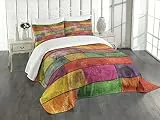 ABAKUHAUS Rustikal Tagesdecke Set, Regenbogen Timber Kunst, Set mit Kissenbezügen Sommerdecke, für Doppelbetten 264 x 220 cm, Orange Gelb