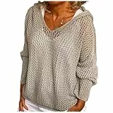 Damen Häkel-Kapuzenpullover Häkelpullover Langarm Drop Shoulder Pullover Hohl Hoodie Strickwaren Strand Leichte Bluse, grau, S
