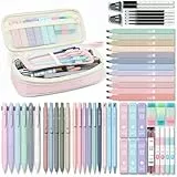 Four Candies 56 PCS Ästhetisches Schulmaterial mit Federmäppchen, 6 farbigen Kugelschreibern, 12 pastellfarbenen Textmarkern, 5 Gelschreibern mit schwarzer Tinte, 9 Druckbleistiften 0,5-2,0 mm(Rosa)