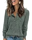 Tanmolo Damen Leichte Strickpullover Langarm Henley Shirt Herbst lässig Rundhals-Knöpfe Elegant Sweatshirt Tunika Tops Aschgrau-Grün, M