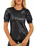 GRACE KARIN Damen Glitzer Tops Kurze Laternenärmel Rundhals Pailletten Pullover Bluse Party Tops Schwarz XL