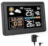Wetterstation funk mit Außensensor 2025 Versionen VA-Display Kabellos DCF Funkuhr Wetter station mit Farbdisplay Empfangssignal Funkuhr Innen und Außentemperatur mit DC Netzteil Schwarz
