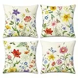 COZZSNUGE Garten Blumen Kissenbezüge 45 x 45 cm, Frühling Mohn Blume Schmetterling Samt Dekorative Kissenhülle Zierkissenbezüge für Sofa Wohnzimmer Zuhause 4er Set