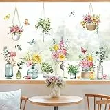 decalmile Fensteraufkleber Blumen Frühling Topfpflanze Fenster Abziehbilder Hängende Pflanzen Blätter Anti-Kollision Fensterfolie Glas Fensterdeko Aufkleber