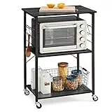 VASAGLE Küchenregal auf Rollen, Servierwagen, 3 Ebenen, Küchenwagen, für Mini-Backofen, Mikrowellen, Metallrahmen, 6 Haken, 40 x 60 x 89 cm, anthrazitgrau-tintenschwarz KKS060B42