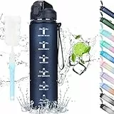 CodiCile Trinkflasche 1L,Trinkflasche mit Strohhalm und Zeitmarkierung, auslaufsichere 1L Wasserflasche mit Deckel, BPA-freie für Sport, Büro, Fahrrad, Laufen,Dunkelblau