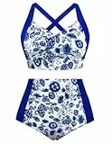 Hanna Nikole Push Up Bikini Damen Bauchweg Badeanzug Hohe Taille Bademode Weiß & Königsblaue Blume S