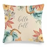 Kissenbezug 40x40 Autumn, Kissenhüllen Kürbis Blumen Blätter Muster Beige Grün Gelb Kissenhüllen Outdoor Leinen