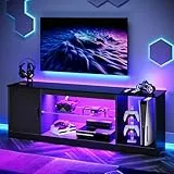 Bestier TV-Schrank 145x35x52 cm für Fernseher bis 65 Zoll mit RGB LED-Beleuchtung (22 Farben) & verstellbaren Glasböden - Lowboard für Wohnzimmer, Schlafzimmer (Schwarze Kohlefaser)