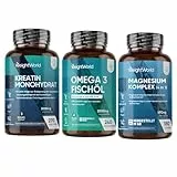 Omega 3 Weichkapseln + Creatin Monohydrat Tabletten + Magnesium Komplex 4 in 1 Kapseln - Gemäß GMP - Frei von Gluten & Gentechnik - WeightWorld
