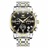 OLEVS Bicolor Herren Armbanduhr Silber Gold Metallarmband Modern Wasserdicht Herrenuhren Edelstahl Großes Quarz Armbanduhren für Herren Schwarz Zifferblatt Mondphase Analog Uhr Männer mit Datum