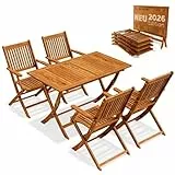 Casaria® Gartenmöbel Set Modell 2026 - NEU: Extra Stabiler Tisch mit umlaufender Verstärkungsleiste 5-teilig aus FSC® Akazienholz, 4 Stühle mit Armlehnen, klappbar für Garten & Balkon