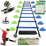BJNCDIO Fussball Trainingszubehör, 6m Koordinationsleiter, 12 Hütchen, Fußballtrainer und Springseil, Fussball Trainingsset Sachen, Fußball Geschenke für Jungs Kinder (Blau 2)