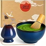 Goodwei Matcha Set komplett mit Matchabesen, Matcha Löffel und Matcha Schale aus Keramik mit Besenhalter im passenden Design | Kunstvoll gefertigte Teeschale Chawan (Safaia, 80)