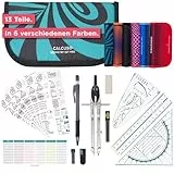 CALCUSO GEOMETRIE SET PRO in türkiser Federmappe/Federmäppchen mit Zirkel und Geodreieck - Praktisches Mäppchen für Schule, Uni, Büro und Zeichnungen - Ideal als Geometrie-Set für die Schule